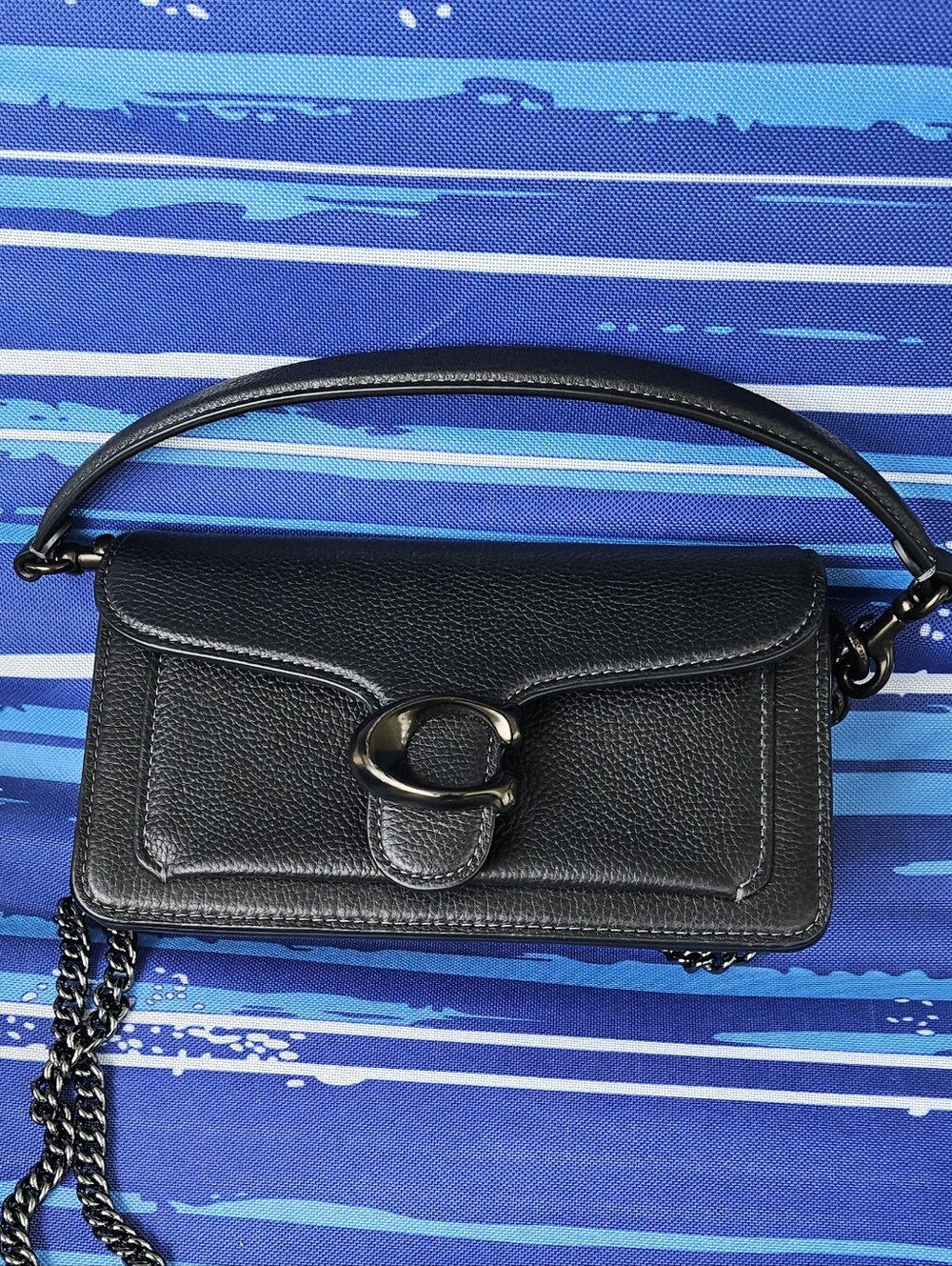 COACH C Black Pebble Bag With Black Leather Top Handle & Beautiful Chain Strap